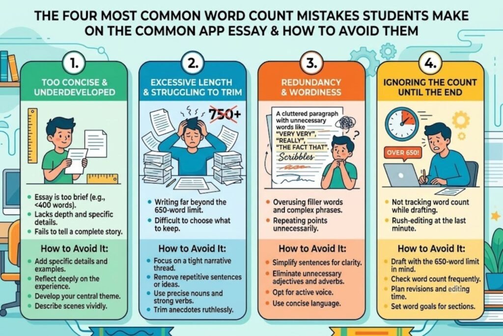 Four-quadrant infographic showing common mistakes: Underwriting (stopping at 450 words), Padding (adding filler), Wrong Focus (focusing on someone else), Wasted Words (over-explaining). Each includes an icon and brief explanation
