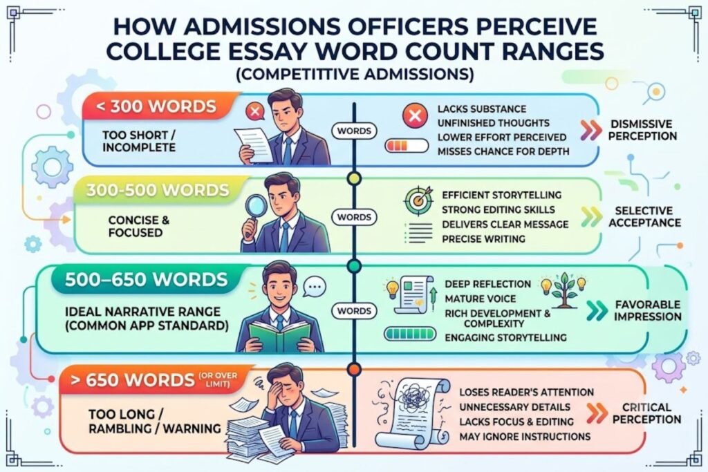 Horizontal bar chart comparing different word count ranges: 250-400 (Too Short), 400-550 (Acceptable), 550-600 (Competitive), 600-650 (Optimal). Each bar shows admissions officer perception