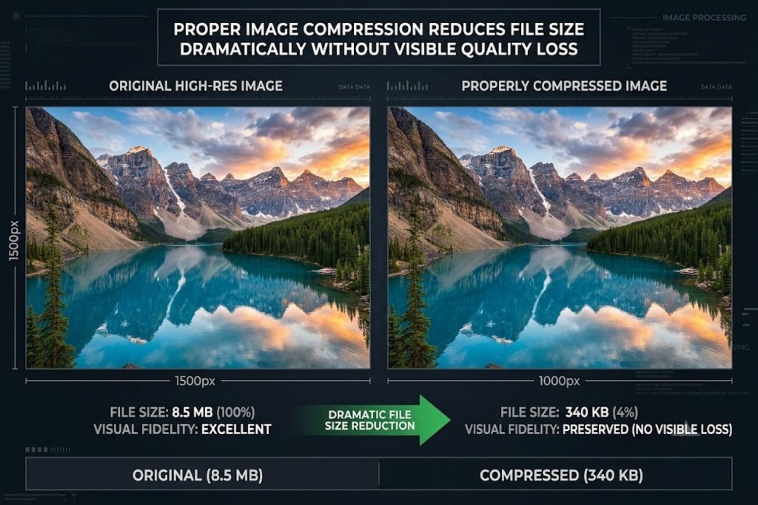 Visual comparison of original uncompressed image vs. compressed versions showing file size reduction from 5MB to 500KB