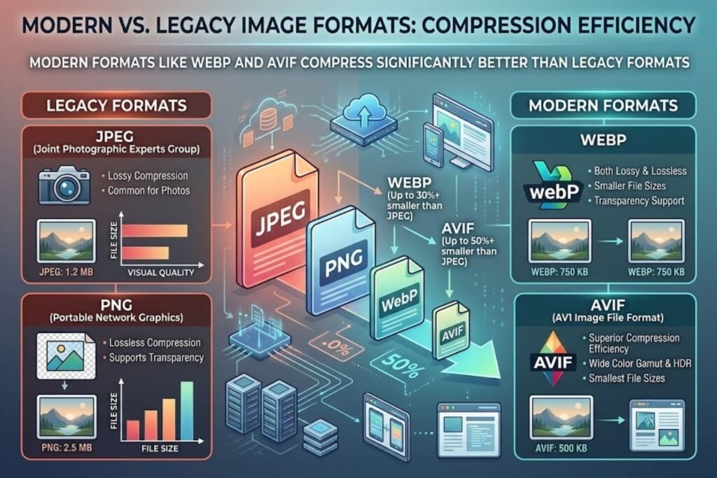 Comparison table showing JPEG, PNG, WebP, and AVIF formats with file sizes, compression methods, and recommended use cases