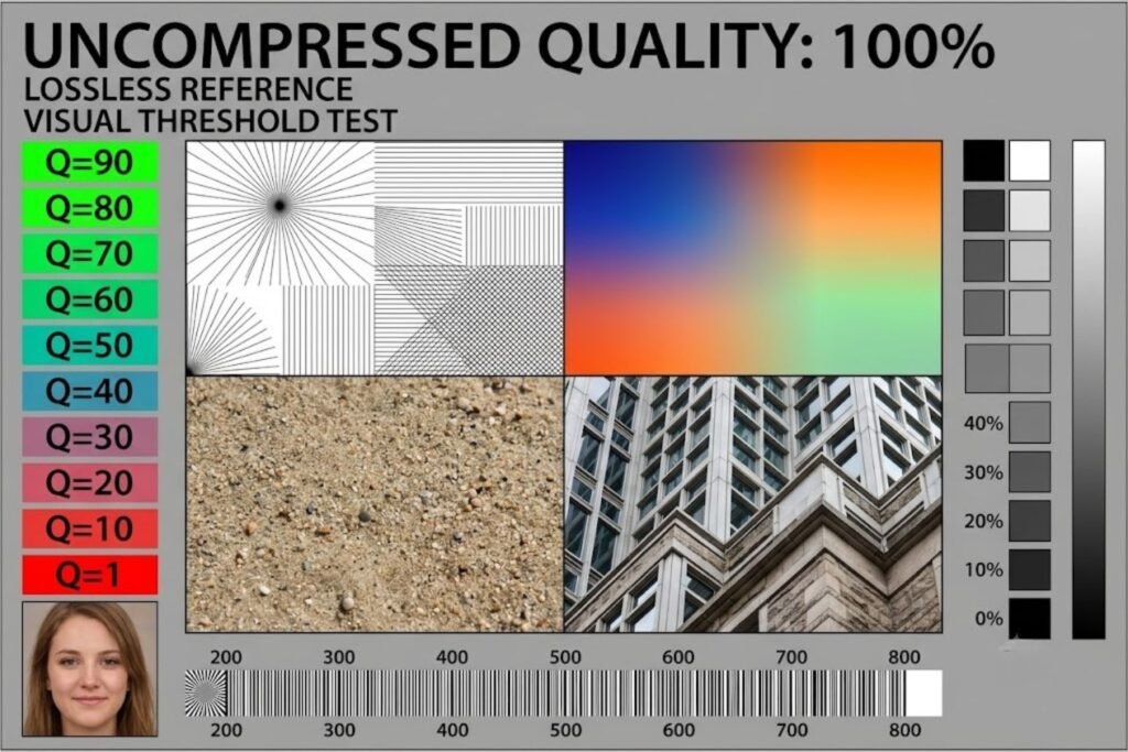 Visual guide showing same image compressed at 60%, 75%, 85%, and 95% JPEG quality with corresponding file sizes and visual quality differences