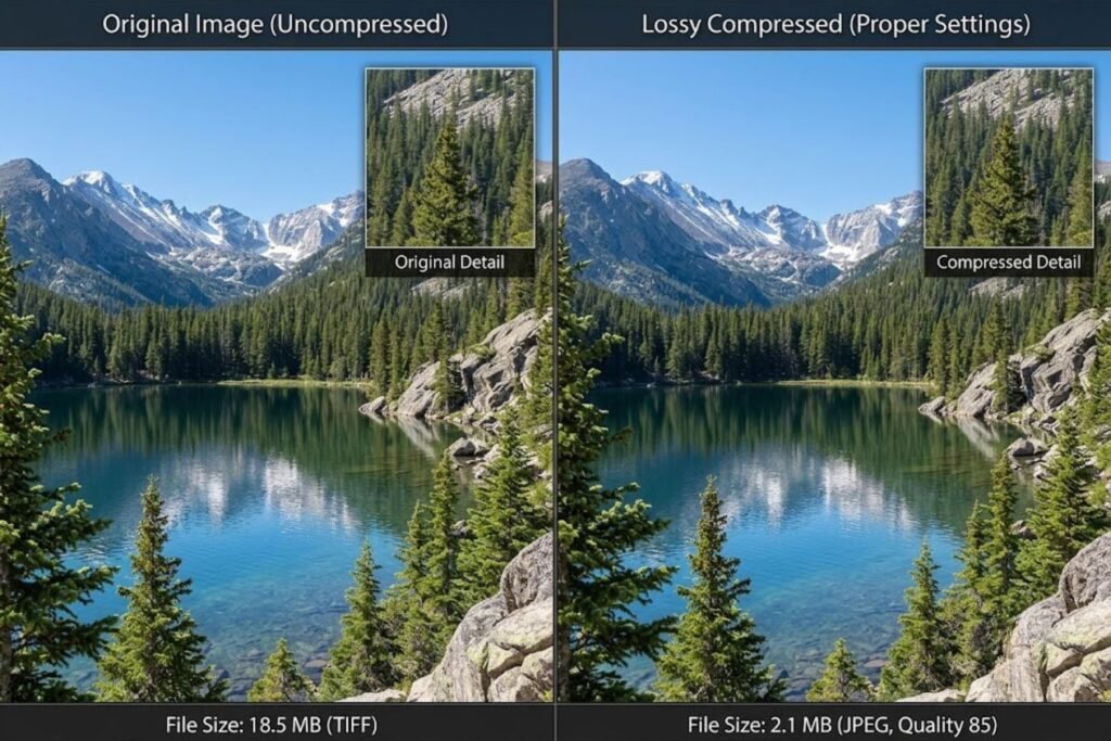 Side-by-side comparison: JPEG lossy compression showing minor color artifacts at 60% quality vs. PNG lossless compression with perfect quality