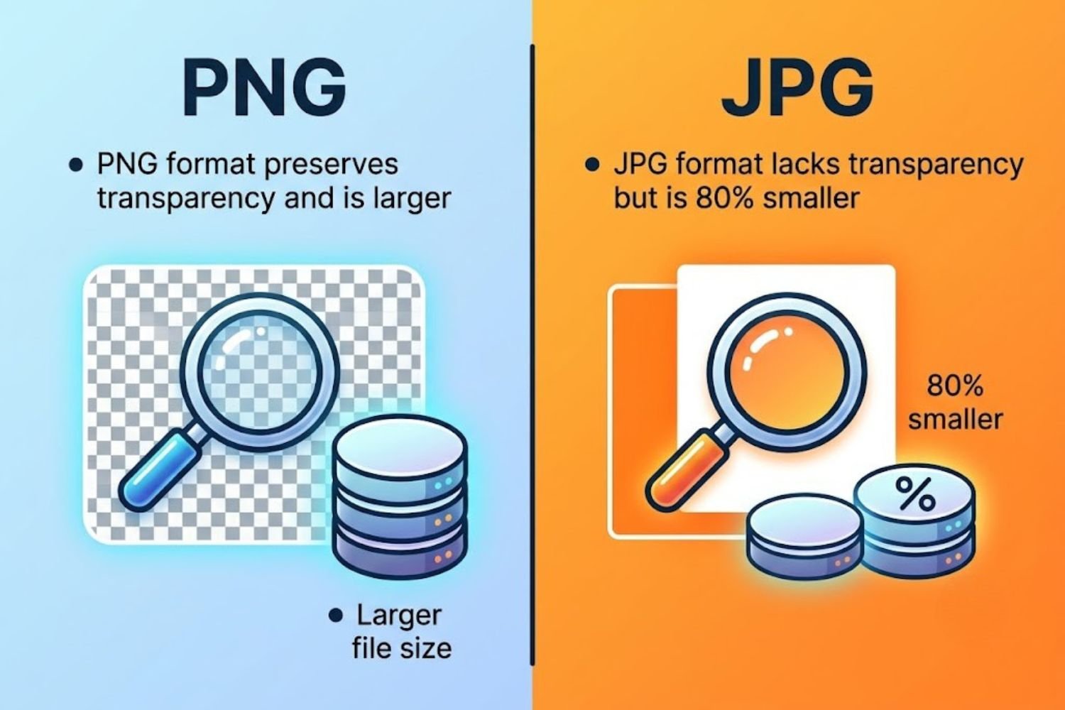 PNG format preserves transparency and is larger; JPG format lacks transparency but is 80% smaller