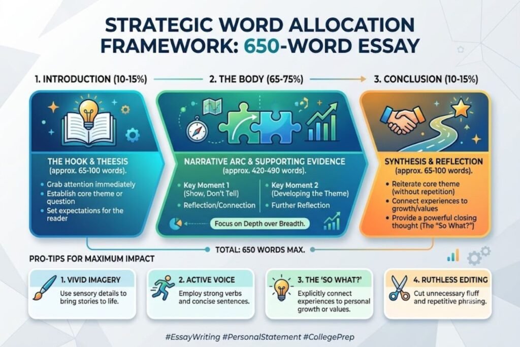 Pie chart showing recommended word allocation: Opening 100-150 words (15%), Development 200-250 words (35%), Reflection 200-250 words (35%), Closure 50-100 words (15%)