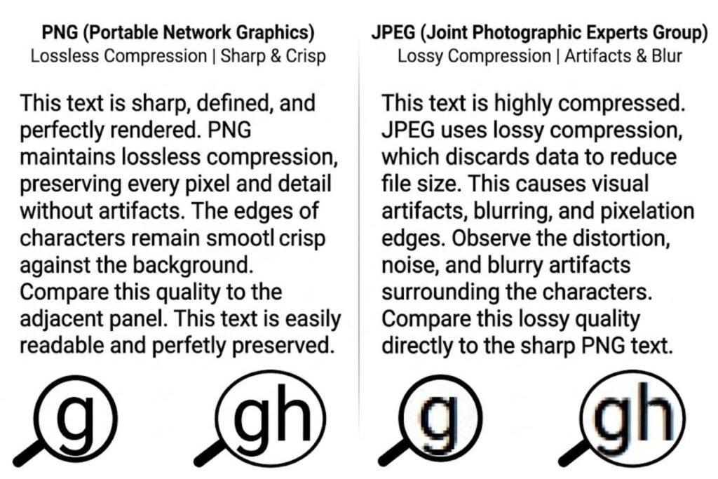 Comparison showing sharp text edges in PNG format versus blurry compression artifacts in low-quality JPG conversion