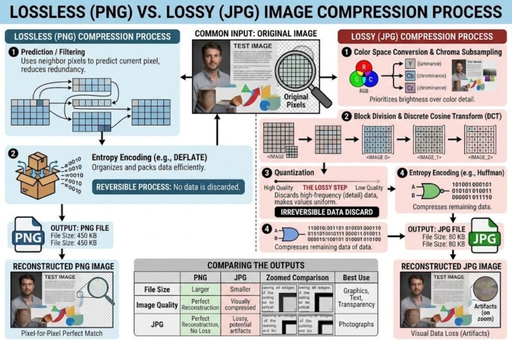 Diagram comparing PNG lossless compression preserves all data, while JPG lossy compression removes data to reduce file size