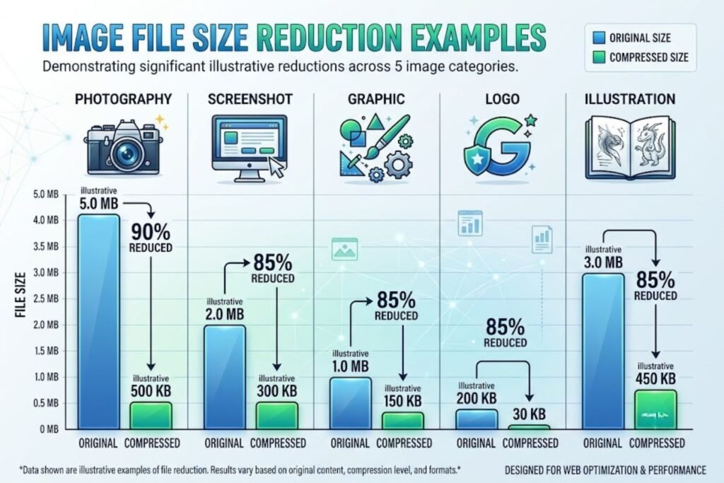 Bar chart showing average file size reduction when converting PNG to JPG: photography 85%, screenshot 60%, graphic 40%, logo 30%, illustration 45%