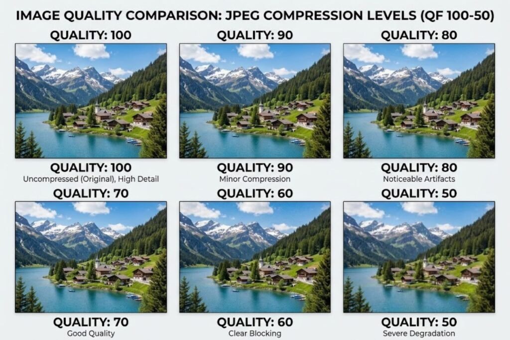 Photograph displayed at JPG quality settings from 100% (perfect) through 50% showing increasing compression artifacts