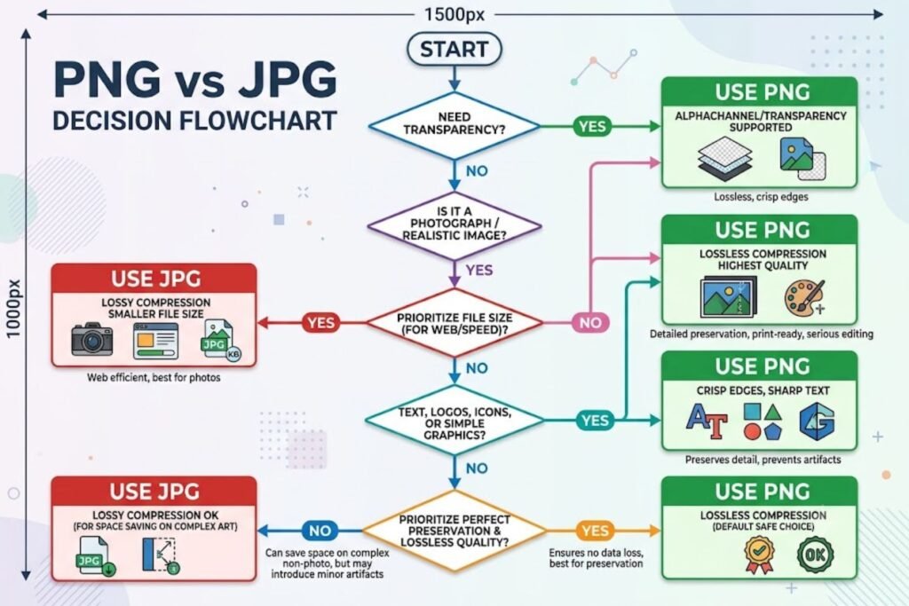 Flowchart decision tree for choosing between PNG and JPG format based on image type, transparency needs, and use case