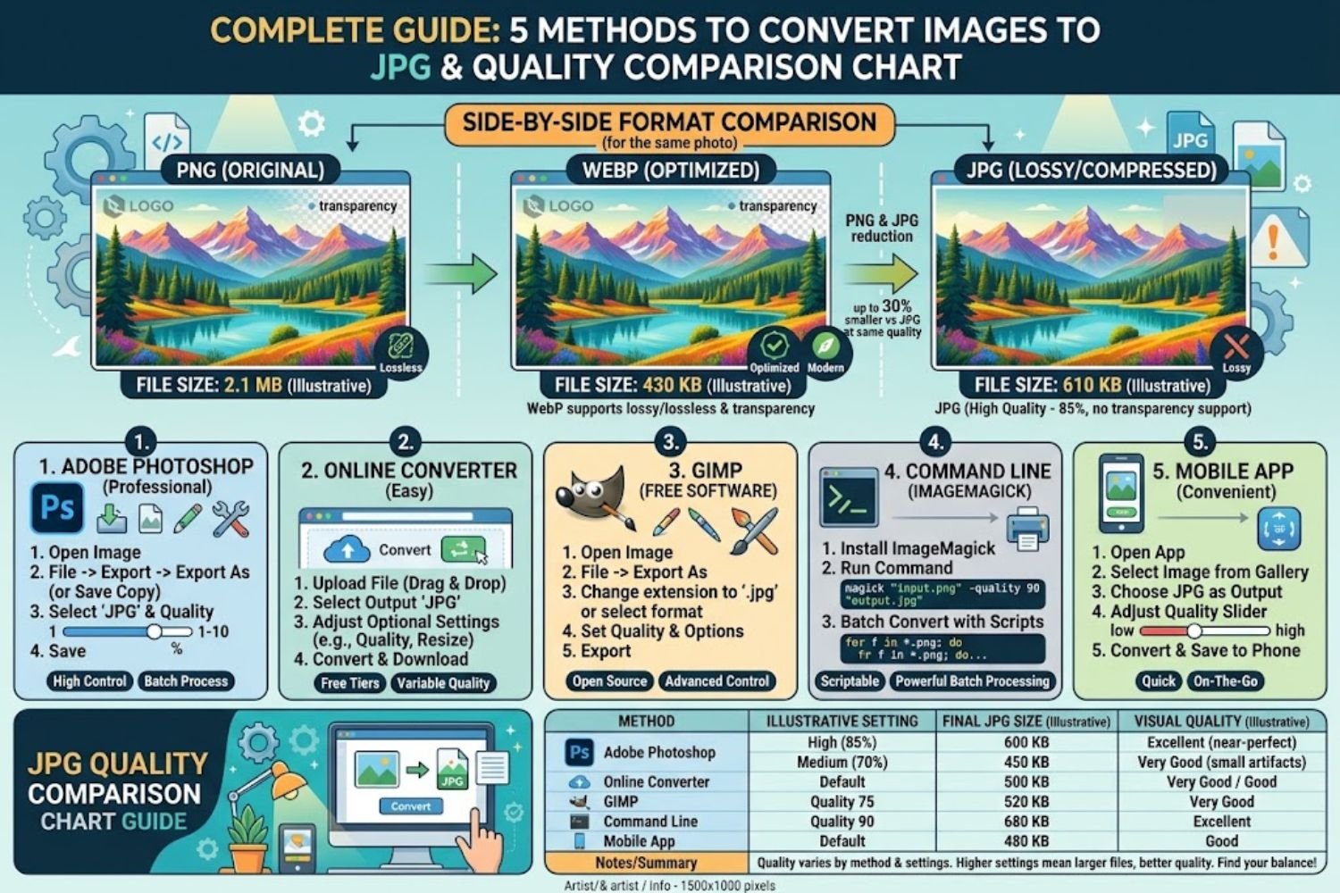 Complete guide showing 5 methods to convert images to JPG format with quality comparison chart