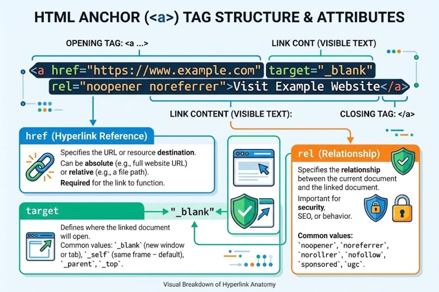 Diagram showing HTML anchor tag structure with href, target, and rel attributes labeled
