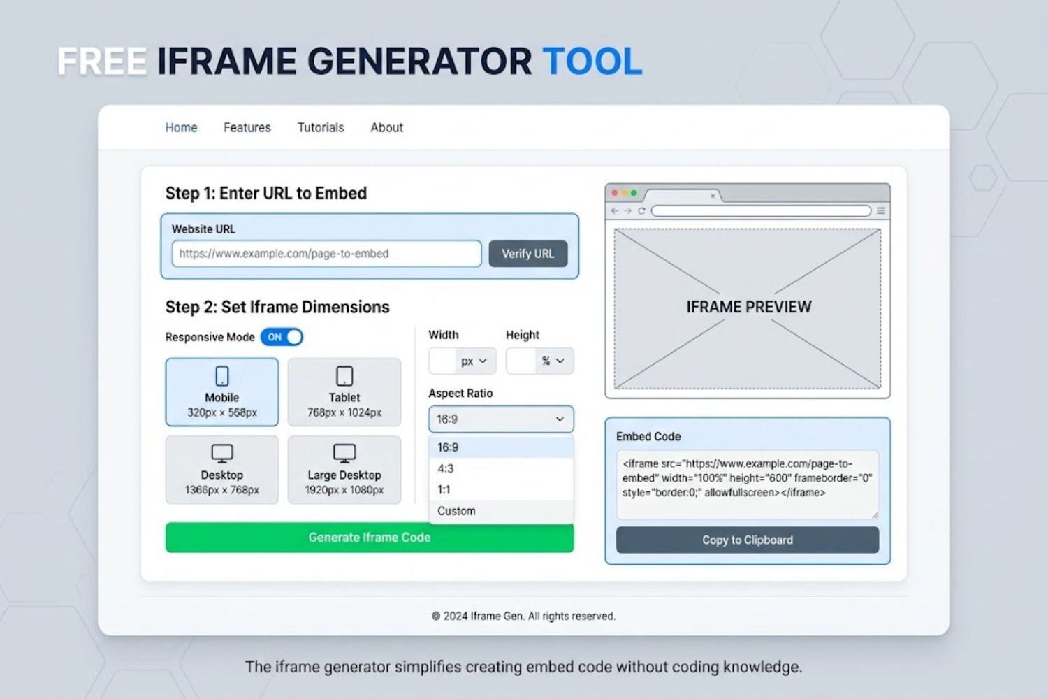 Free iframe generator tool interface showing URL input field and responsive dimension options