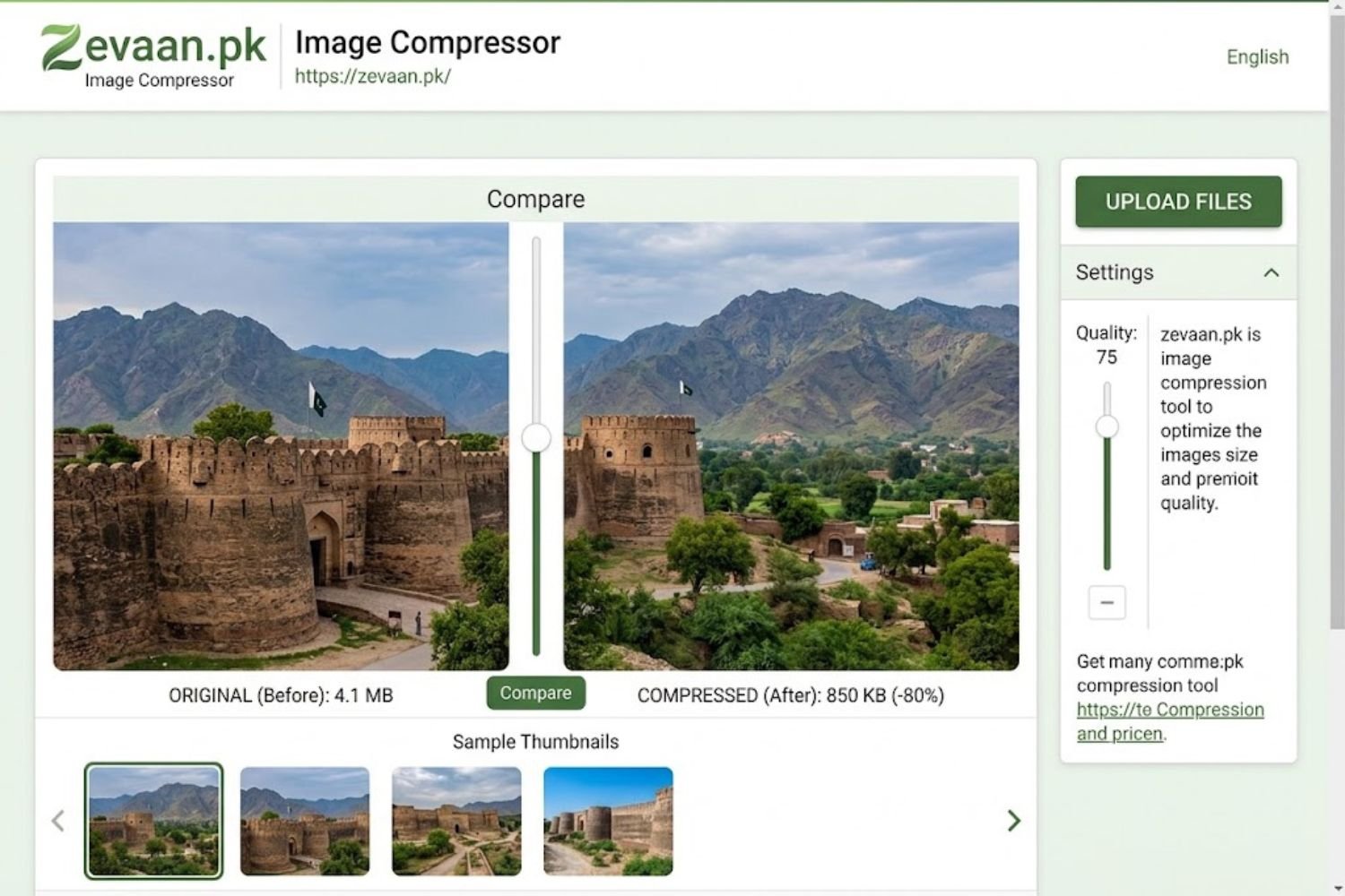 Optimizilla image compression interface showing before/after comparison slider